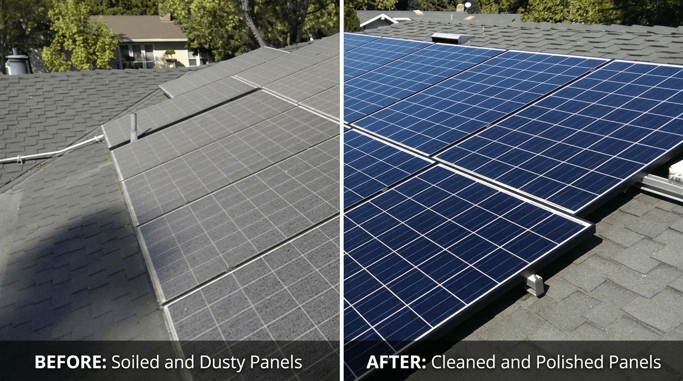 Before and after solar panel cleaning comparison